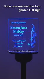 Condolence gift Thinking of you memorial present. Solar powered personalised LED garden name plaque sign