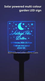 Child loss born sleeping remembrance gift. Solar powered light up outdoor LED sign for memory garden. Graveside cemetery decoration