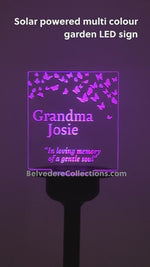 Sympathy gift Personalised LED memorial sign. Solar powered multi colour garden remembrance decoration