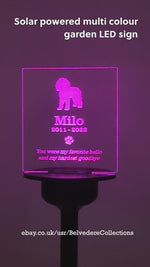 Personalised dog memorial light up graveside plaque. Outdoor solar powered LED sign