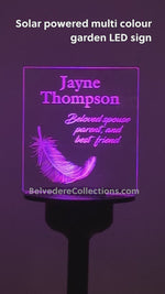 Custom graveside light up LED name plaque. Solar powered multi colour garden cemetery remembrance decor.