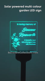 Floral sympathy gift custom made grave marker. Personalised solar powered light up LED sign. Memorial garden graveside name plaque
