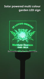Condolence gift custom memorial sign. Solar powered multi coloured LED personalised name plaque