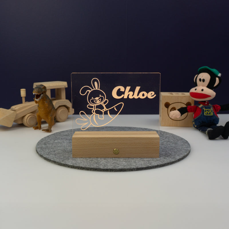 Custom LED playroom name sign. Bunny rabbit light