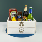 Personalised white BBQ crate. White wooden BBQ caddy