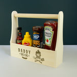 Personalised wooden BBQ condiment tray. Barbecue sauce carrying crate.