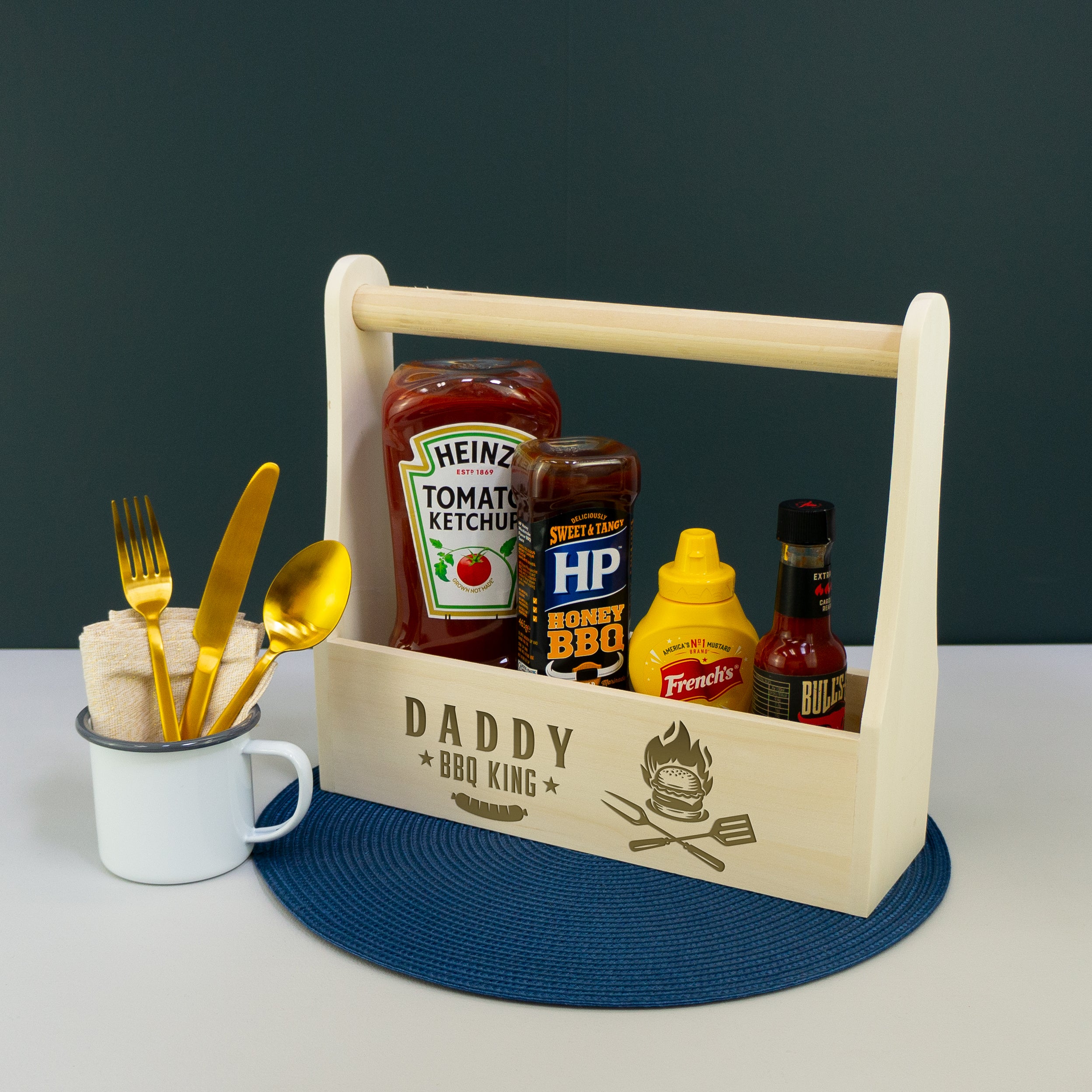 Personalised wooden BBQ condiment tray. Barbecue sauce carrying crate.