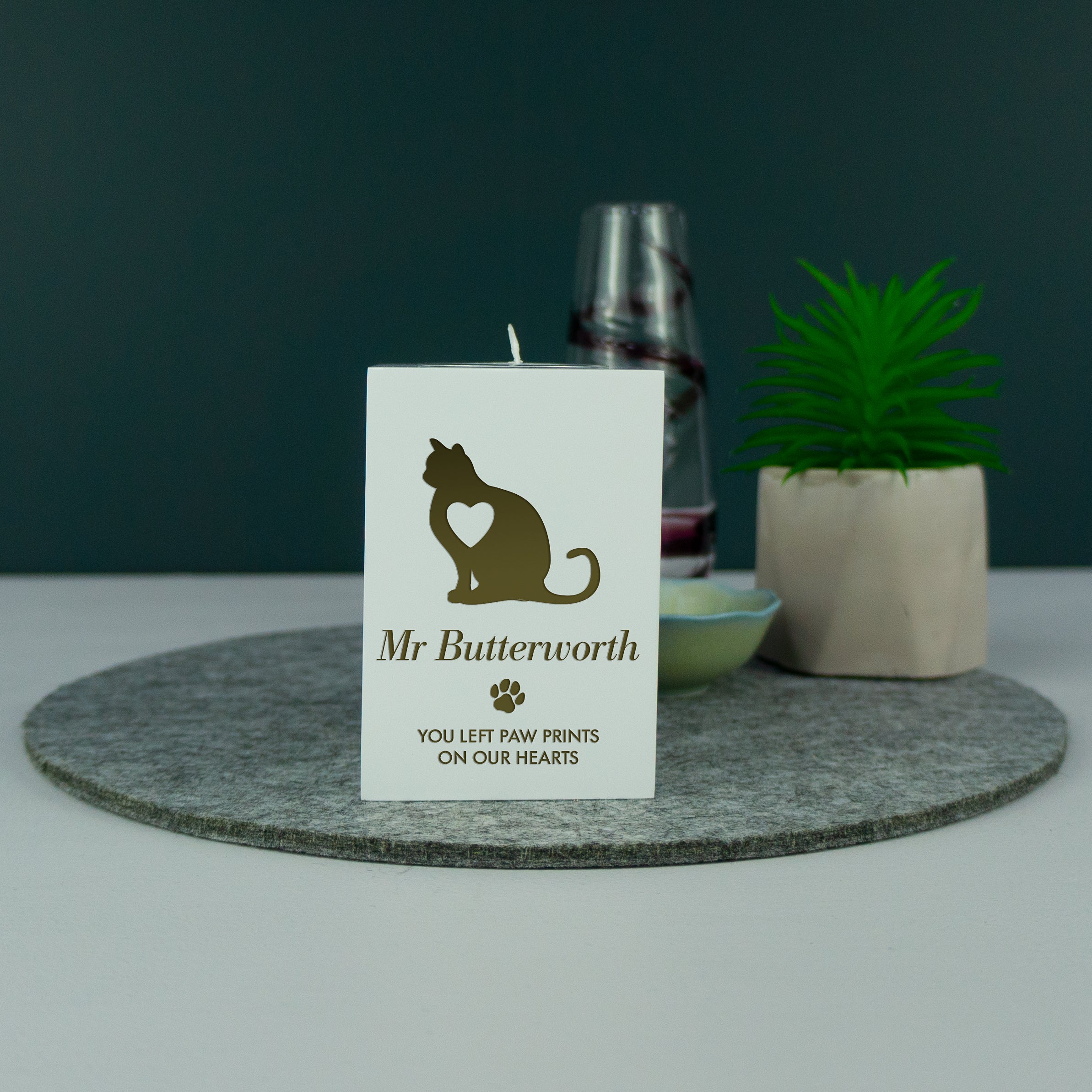 Cat memorial remembrance candle holder. Personalised pet loss gift