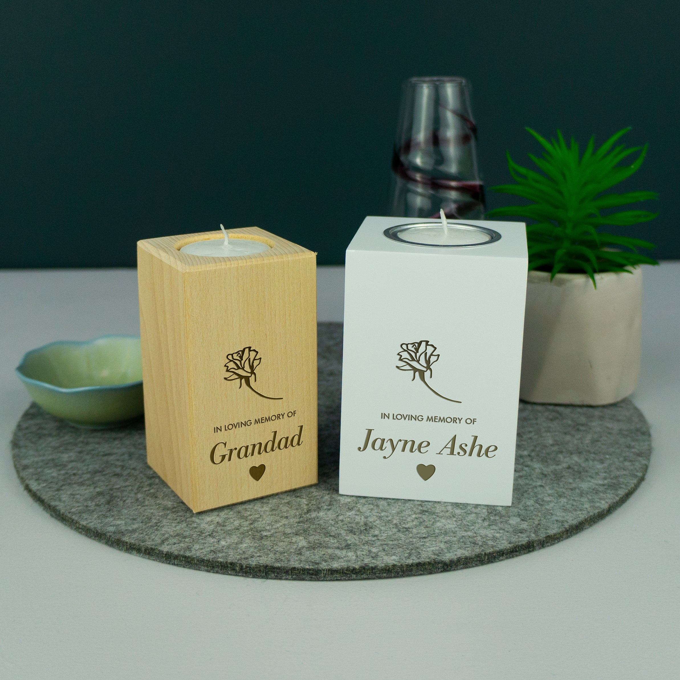 Personalised wooden memorial candle holder