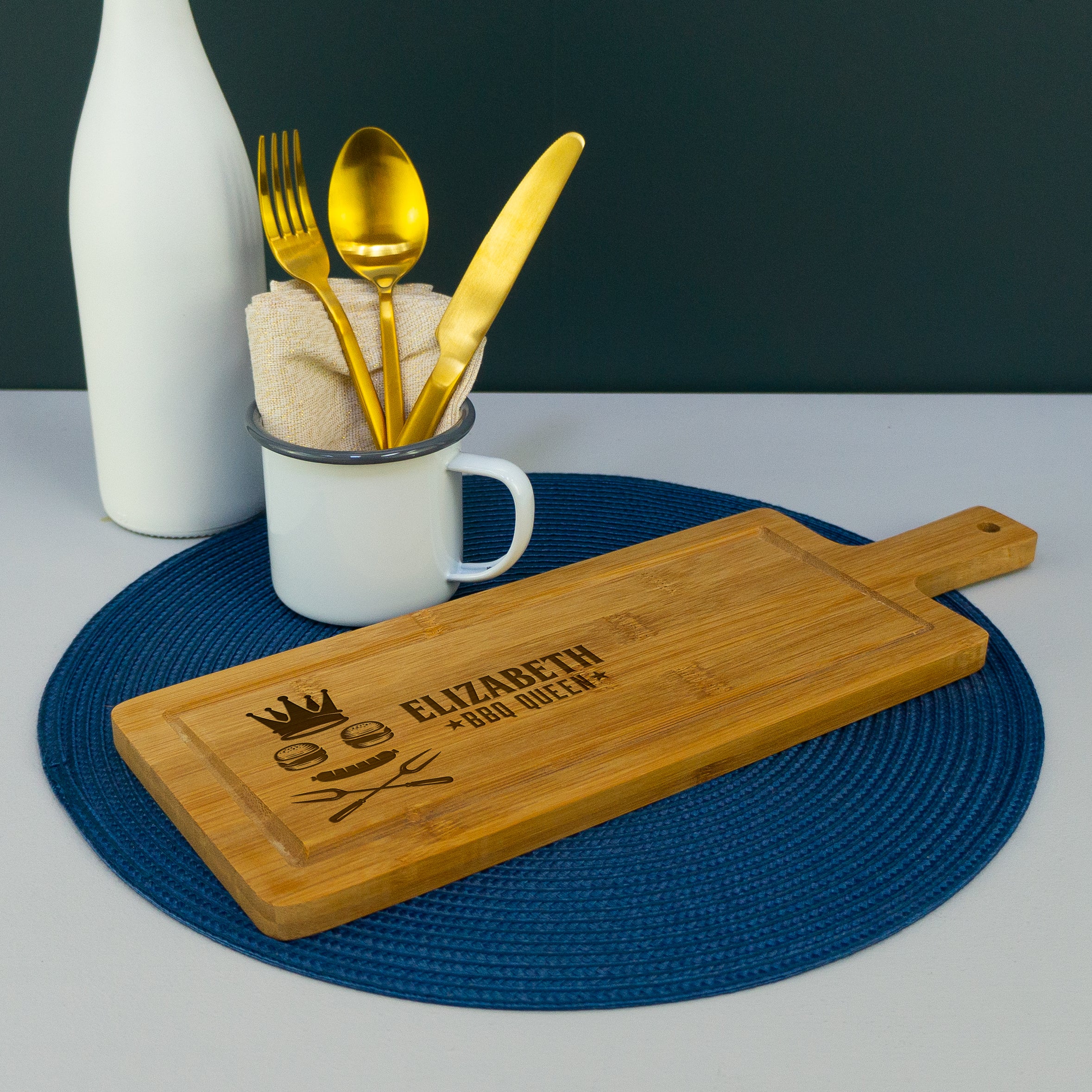 Personalised bamboo BBQ Queen serving platter. Long paddle chopping serving board