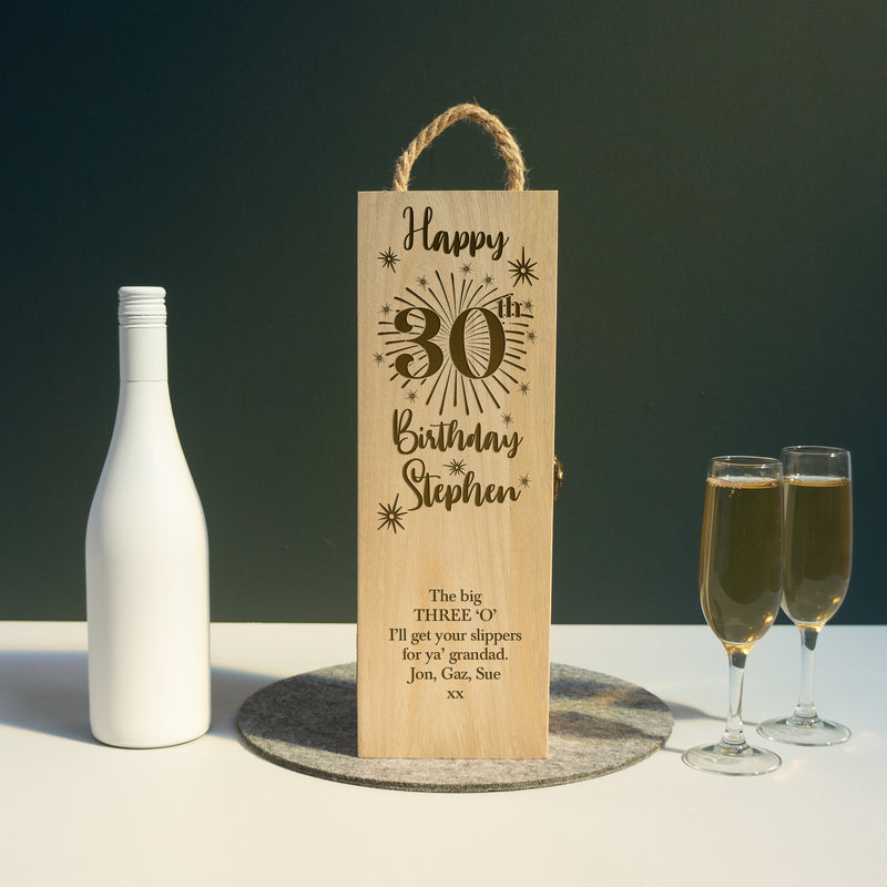 Personalised 30th birthday wooden wine box. Custom engraved gifting box