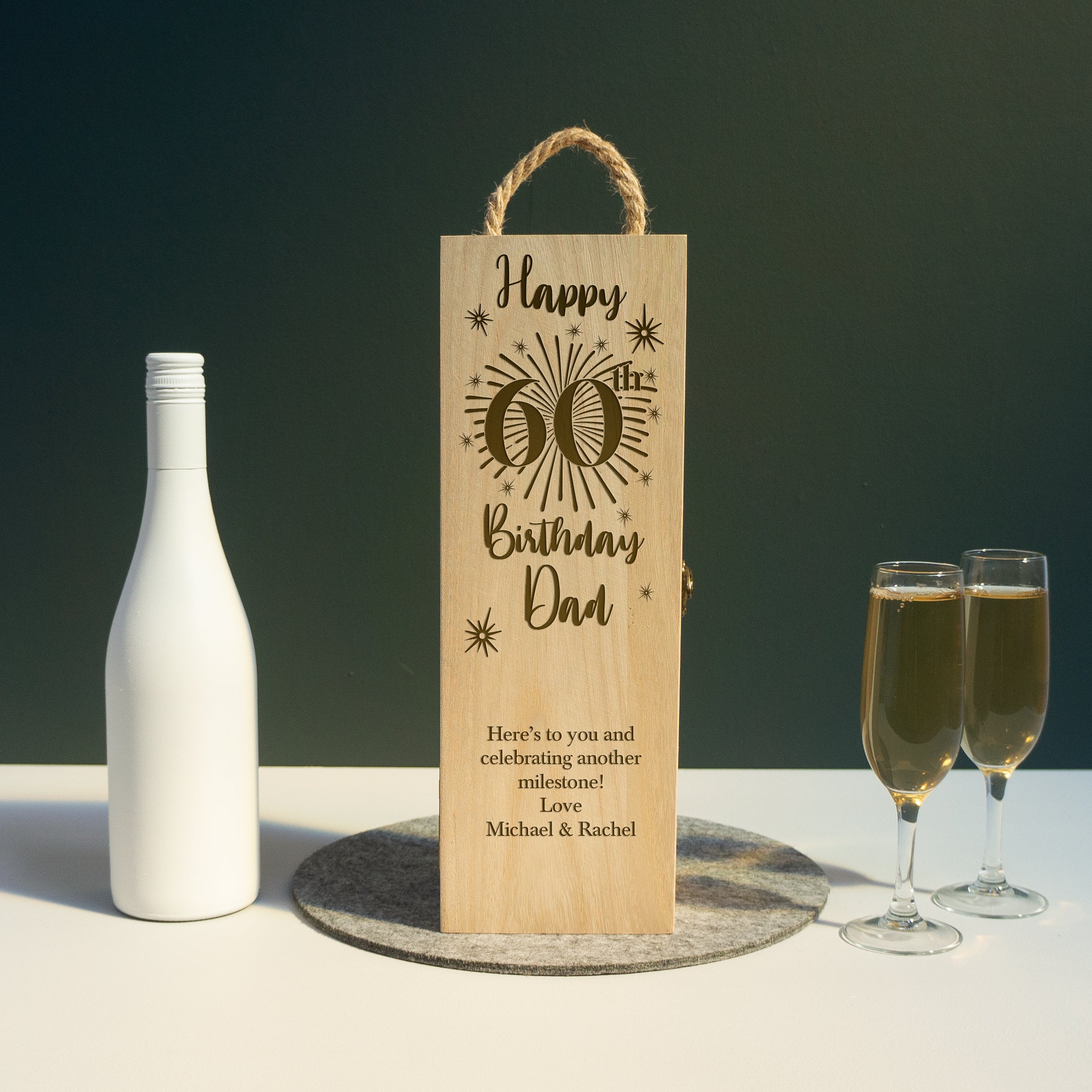 Personalised 60th birthday wooden wine box. Custom engraved gifting box