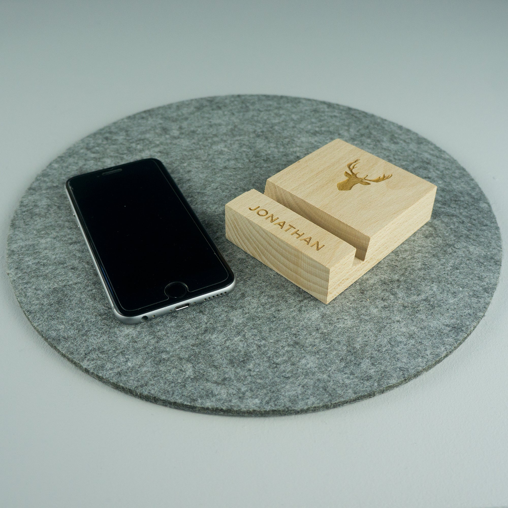Personalised oak mobile phone stand