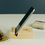 Personalised oak mobile phone stand