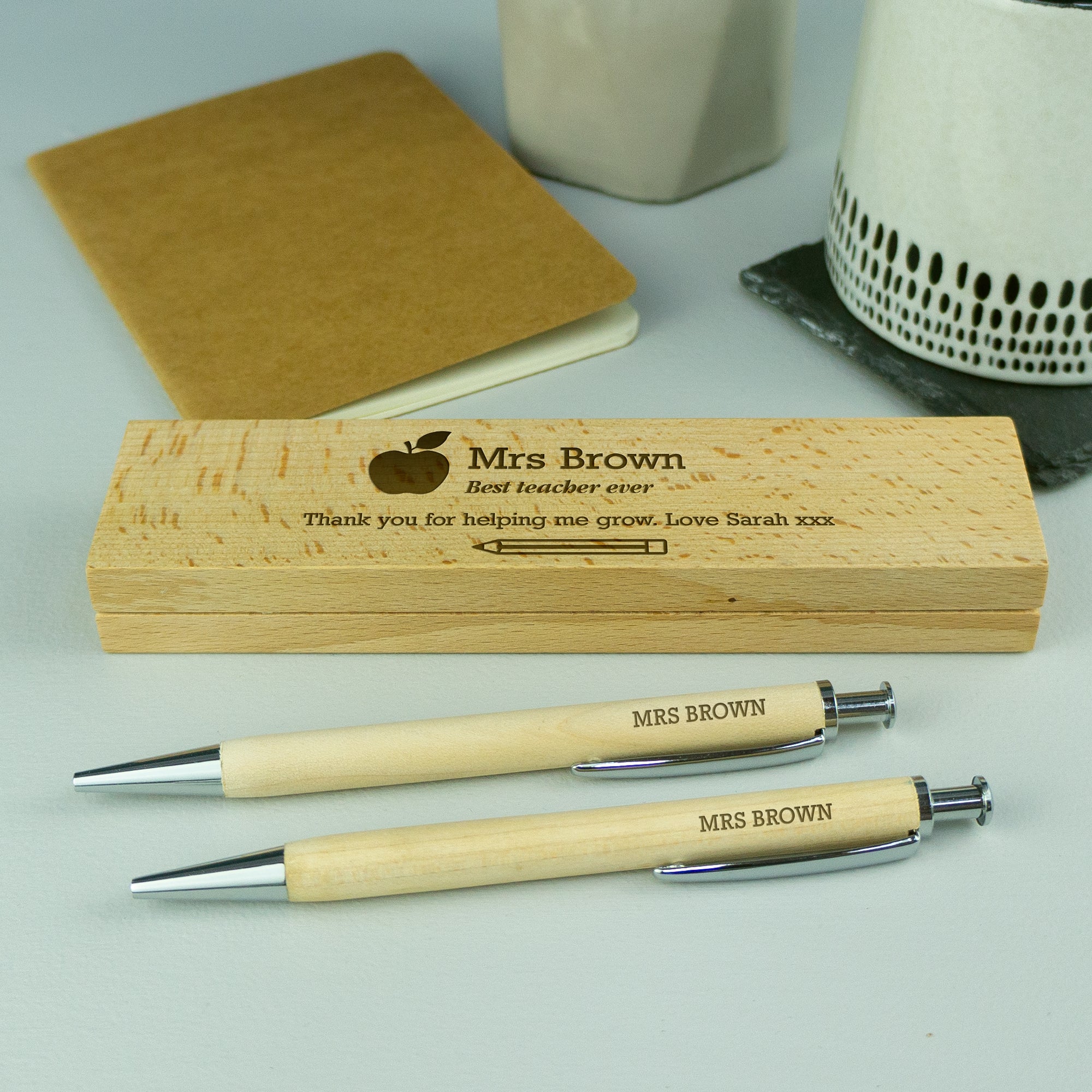 Personalised teacher wooden pen and pencil gift set. End of school year gift