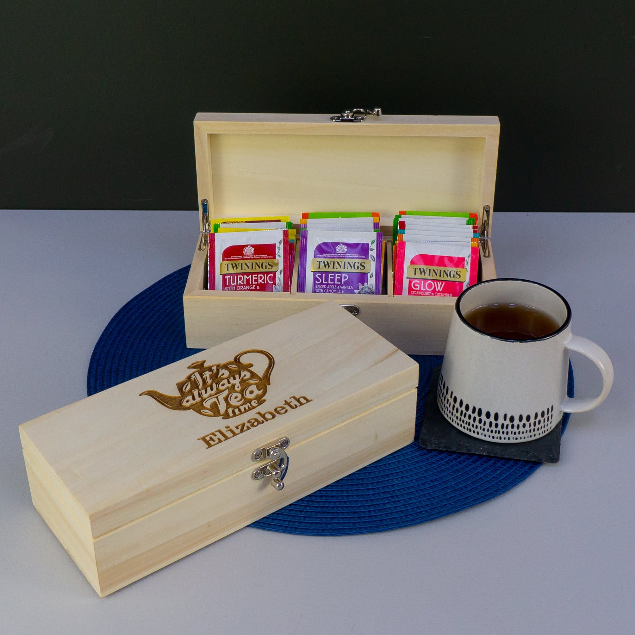 Wooden tea bag storage box. Personalised tea caddy