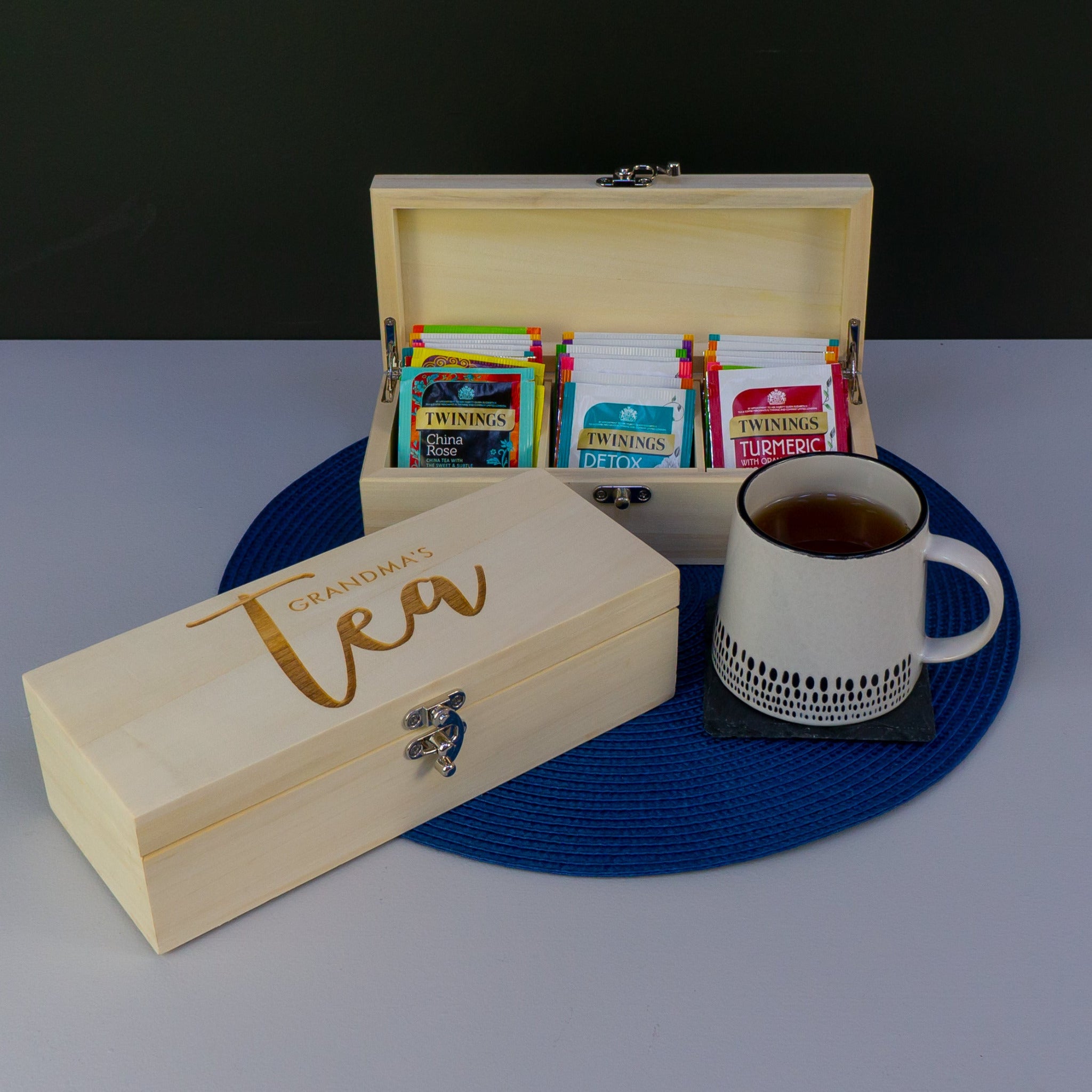 Wooden tea bag storage box. Personalised tea caddy
